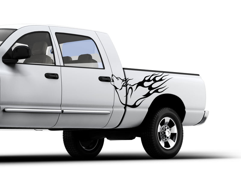 wolf flames vinyl graphics on the side of truck